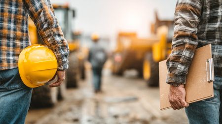 Two senior construction supervisors in yellow hard hats review notes on clipboardsの素材