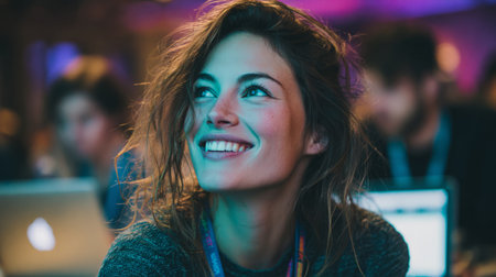 Candid portrait of a happy young woman at tech conference, wearing badge, vibrant neon lighting, laptops and crowd blurred in background.の素材