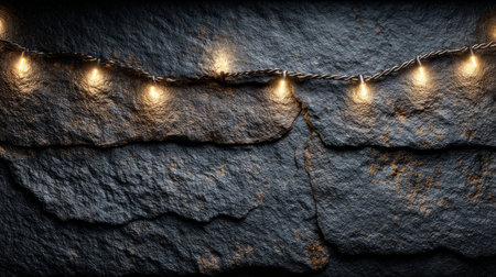 Cozy string lights draped across a textured dark stone surface, warm amber glow and ample copy space for festive designs.の素材