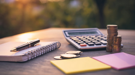 Stacked coins, calculator, and colorful sticky notes on a notepad symbolize budgeting, saving, and personal financial planning concepts.の素材