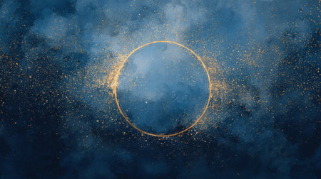 Suspended golden sunburst ring sparkles against a dark teal backdrop, soft light rays creating luxurious copy space perfect for festive branding.の素材