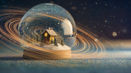 Whimsical snow globe featuring a glowing cabin surrounded by swirling glitter and snow, evoking warmth, wonder, and winter nostalgia.の素材