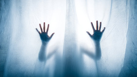 A mysterious woman is seen pressing her hands against a steamy, wet glass surfaceの素材
