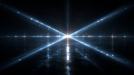 Futuristic digital scene of bright white light radiating beams across a reflective surface, creating a sci-fi horizon effect in darkness.の素材