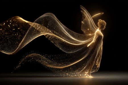 Glittering golden angel silhouette with halo,halo sparkle, gentle particle. Generative AIの素材