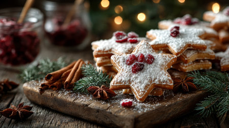 Festive holiday cookies in star and tree shapes with icing, spices, and cranberries perfect for Christmas cardsの素材