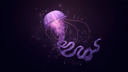 A bioluminescent jellyfish floats gracefully through the deep ocean, with flowing tentacles and glowing purple-blue translucent body.の素材