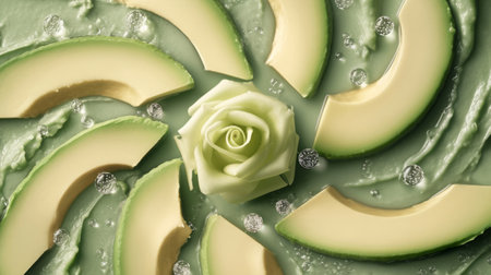 Artistic arrangement of fresh avocado slices decorated with a cream rose centerpiece, glossy oil drops, and green basil leaves.の素材