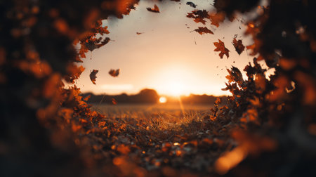 Golden autumn leaves spiral in the air, framing a glowing sunset over a peaceful field with distant treesの素材
