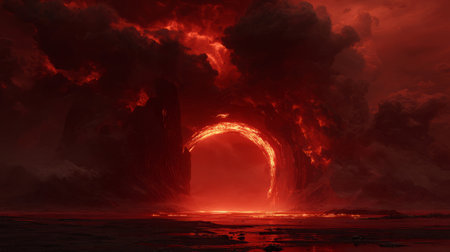 surreal volcanic landscape with glowing magma streams and swirling ash converging into a blazing fiery gate of energyの素材