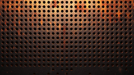 Close-up of a weathered metal sheet featuring evenly spaced circular perforations, with visible rust patches and textured dark surface.の素材