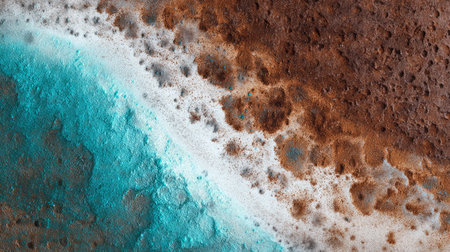 Close-up of a weathered copper sheet featuring turquoise patina streaks, rust patches, and textured metallic surface with natural oxidation.の素材