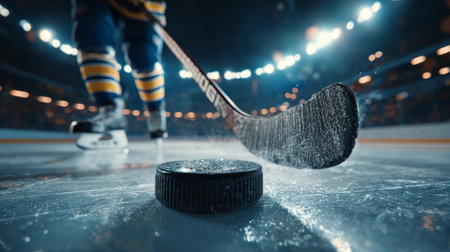 hockey puck on the rink with a player and stick in action, illuminated by bright arena lights.の素材