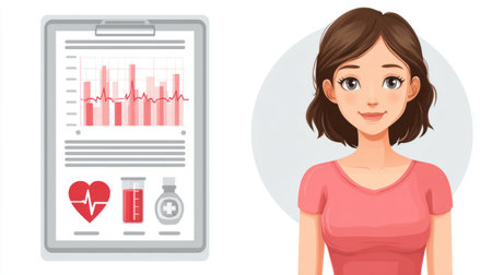 young woman next to a clipboard displaying medical charts, heart rate data, and health report icons.の素材