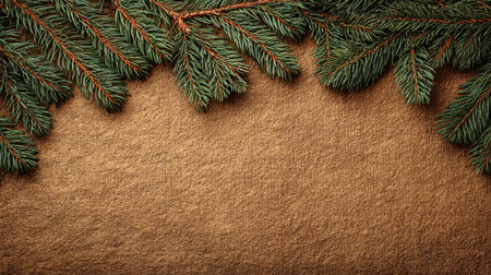 Rustic evergreen branches framing brown kraft paper background with copy space ideal for Christmas headers, eco branding, gift wrapping and invitations.の素材