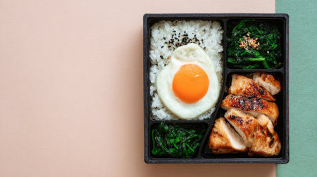 Delicious Japanese bento box with grilled chicken slices, white rice topped with fried egg, saut ed spinach, and cucumber salad.の素材