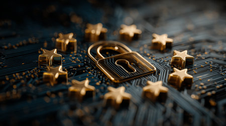 Close-up of a golden padlock surrounded by stars on a circuit board, representing GDPR compliance, data protection, and European digital privacy.の素材