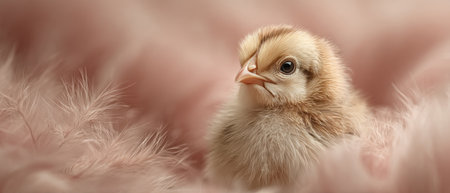 adorable newborn chick resting among soft pink feathers, warm pastel tonesの素材