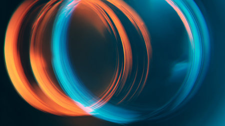 Close-up view of internal reflections and light flares within a macro camera lens, creating abstract circular glowing patterns.の素材