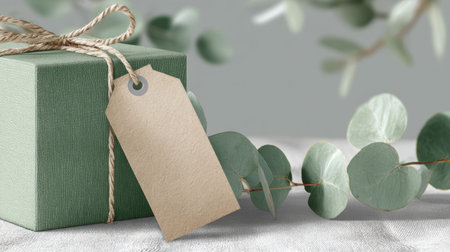 Minimalist green gift box tied with rustic twine and a blank kraft paper tag, styled with blurred natural greenery background.の素材