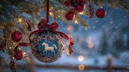 Close-up of a red glittery Christmas ornament featuring a silver horse, hanging on a decorated tree with festive lights.の素材