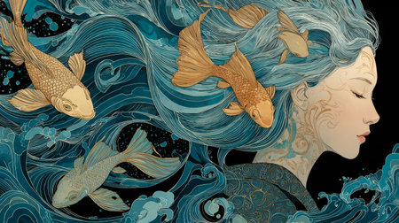 Surreal fantasy portrait of a woman with flowing blue hair and koi, ornate gold headpiece, for editorial covers and ads.の素材