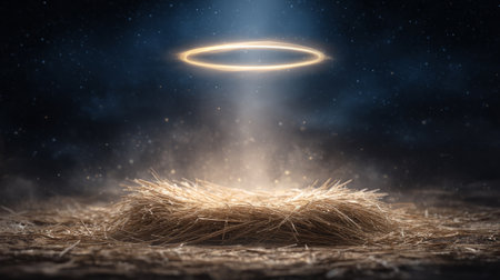 Empty manger on straw with a gentle golden halo hovering above, , ideal for Advent reflections, Christmas worship backgrounds, and sermon graphics.の素材