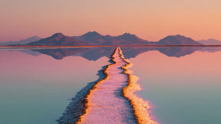 stone path stretches into a calm reflective lake under a pink and purple sunset sky, with mountains in distance.の素材