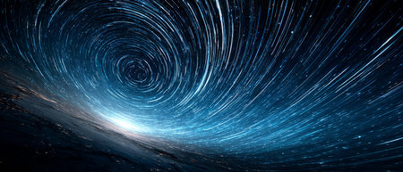 night sky with swirling blue star trails above Earth's horizon, creating a dynamic and cosmic visual effect.の素材