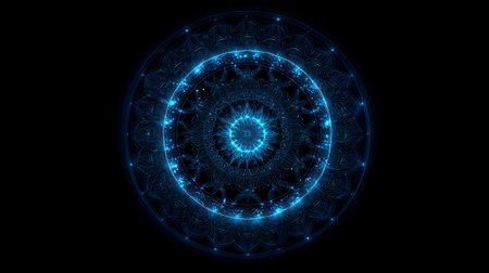 symmetrical mandala pattern radiates light in blue and gold tones, resembling a cosmic portal or futuristic energy source.の素材