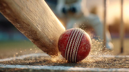 red cricket ball hitting a wooden bat on the pitch, with dust and motion during a stadium match.の素材
