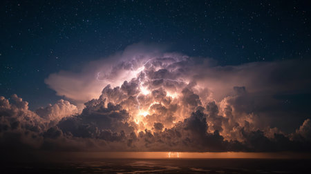 Dramatic thunderstorm with glowing lightning bolts illuminating huge storm clouds over a rural field at night under a starry sky.の素材