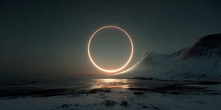 glowing golden sunrise eclipse rising behind a sharp snowy mountain peak in a vast frozen desert.の素材