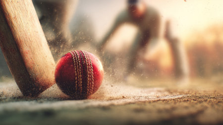 red cricket ball hitting a wooden bat on the pitch, with dust and motion during a stadium match.の素材