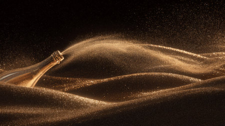 Dynamic champagne bottle burst sending glittering golden streams across a dark background perfect for New Year promotions, party invites, luxury celebrations.の素材