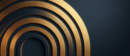 Elegant black backdrop with concentric golden arcs, glitter, and sparkles ideal for luxury brandingの素材