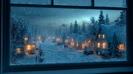 Whimsical view of a cozy, snow-covered miniature Christmas village with glowing lights and soft snowfall, seen through a frosty window.の素材