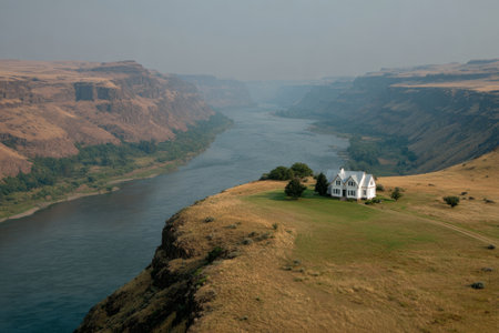 white house perched on a grassy cliff above a winding river canyon with dramatic rocky landscapes.の素材