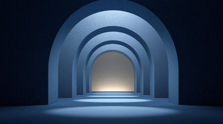 Minimal geometric space featuring a series of textured blue arches and soft lighting, creating depth, symmetry, and architectural elegance.の素材