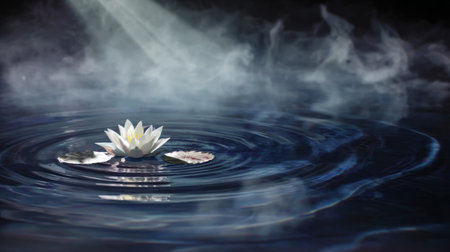 Serene night scene with a glowing lotus flower on rippling water, surrounded by misty atmosphere and full moon in the sky.の素材