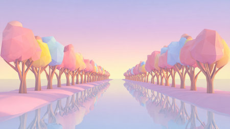 Colorful fantasy river with glowing pastel trees .Generative AIの素材