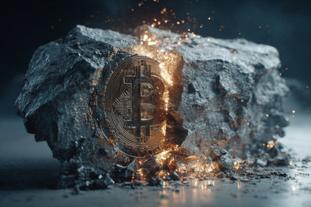 Glowing Bitcoin Emerging from Cracked Rock .Generative AIの素材