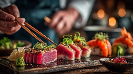 Chef preparing gourmet sashimi platter with chopsticks .Generative AIの素材