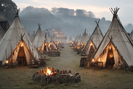 Rustic Teepee Camp with Fire in Forest .Generative AIの素材