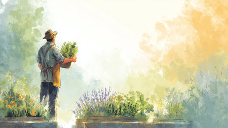 Farmer holding fresh herbs in garden planter .Generative AIの素材