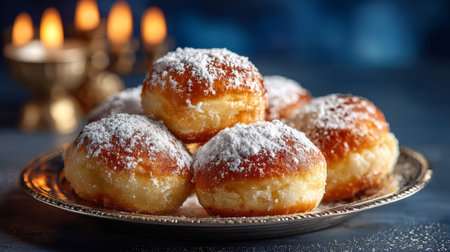 Hanukkah Donuts with Jelly, Powdered Sugar, Holiday Treats, and Menorah .Generative AIの素材