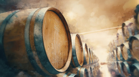 Aging Wooden Barrels in Wine Cellar .Generative AIの素材