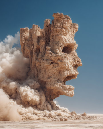 Fantasy sandstone golem crumbles apart amid swirling warm desert dust clouds, symbolizing decay, erosion, and elemental transformation .Generative AIの素材