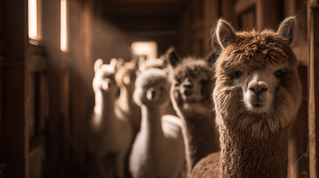 Curious Alpacas Looking Into Camera Indoors .Generative AIの素材