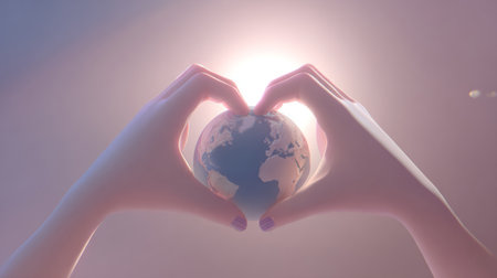 Hands Holding Earth in Heart Shape, Love and Sustainability Concept.Generative AIの素材
